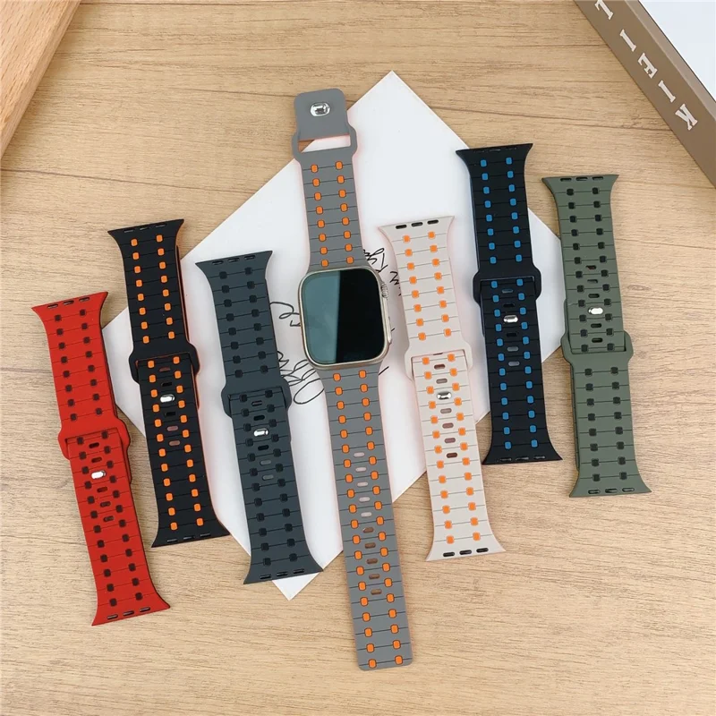 Pulseira de Silicone para Apple Watch Series 10 Ultra 9 8 7 SE 6 5 4 3 2 1 46mm 49mm 45mm 44mm 42mm Pulseira de Relógio Elegante e Ajustável - Vermelho / Preto