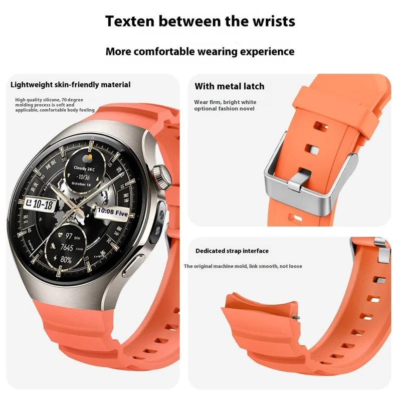 For Huawei Watch 5 46mm Adjustable Watch Strap Silicone Metal Pin Buckle Wrist Band - Orange