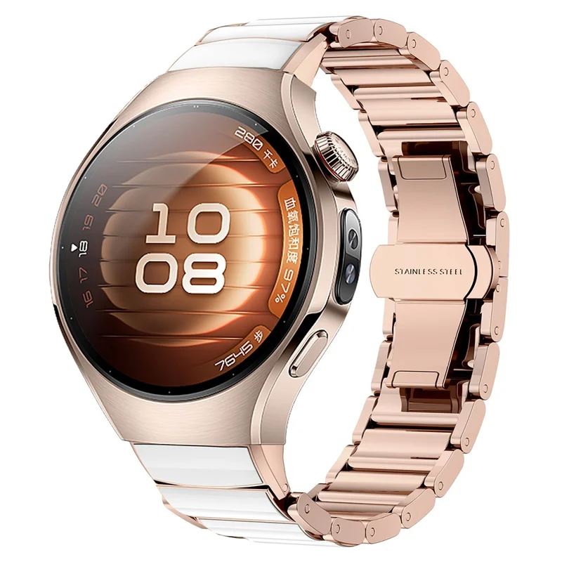 For Huawei Watch 5 42mm Watch Band Stainless Steel Ceramic-Like Finish Wrist Strap - Rose Gold