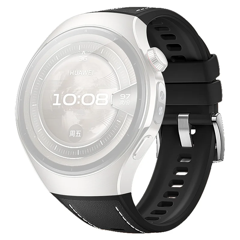 Für Huawei Watch 5 42mm Armband Echtes Kuhlederner Silikonarmband - Schwarz