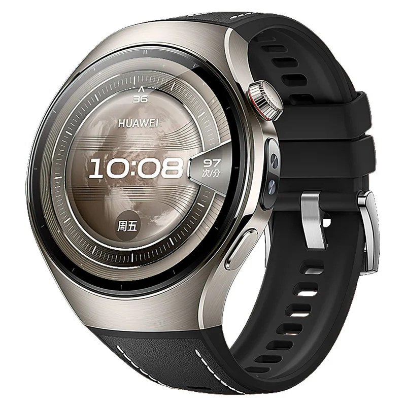 Für Huawei Watch 5 42mm Armband Echtes Kuhlederner Silikonarmband - Schwarz