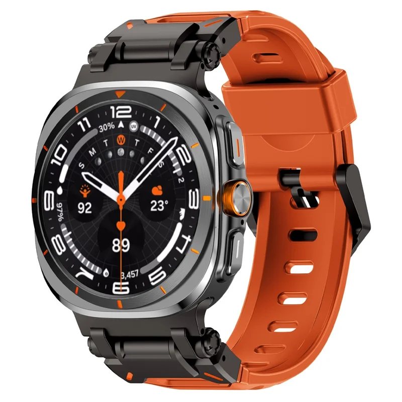 For Samsung Galaxy Watch Ultra 47mm Fluorubber Watch Strap Metal Connector Wrist Band - Black / Orange
