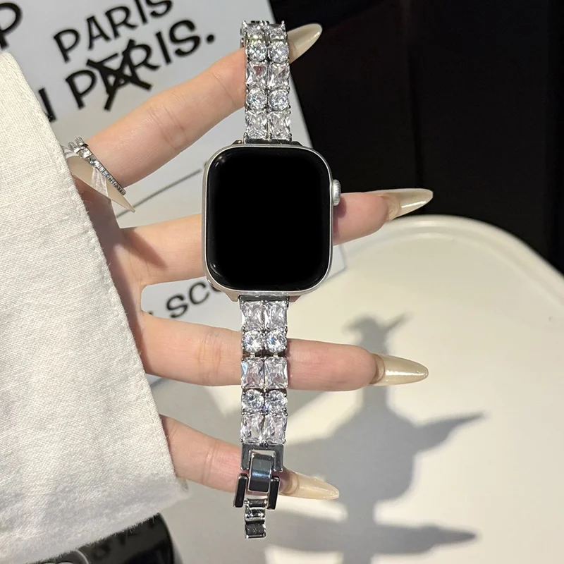 Bracelet Strap for Apple Watch Series 10 Ultra 9 8 7 SE 6 5 4 3 2 1 46mm 49mm 45mm 44mm 42mm Zircon Decor Copper Watch Band - Silver