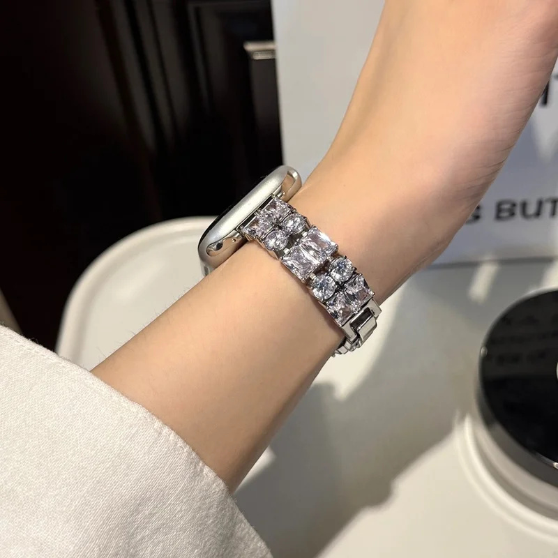 Bracelet Strap for Apple Watch Series 10 Ultra 9 8 7 SE 6 5 4 3 2 1 46mm 49mm 45mm 44mm 42mm Zircon Decor Copper Watch Band - Silver