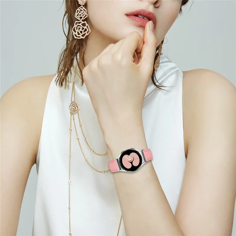 Watch Strap for Samsung Galaxy Watch7 / 6 / 6 Classic / 5 Pro / 5 / 4 Classic / 4 / FE Litchi Texture Leather Band with Silver Buckle - Pink