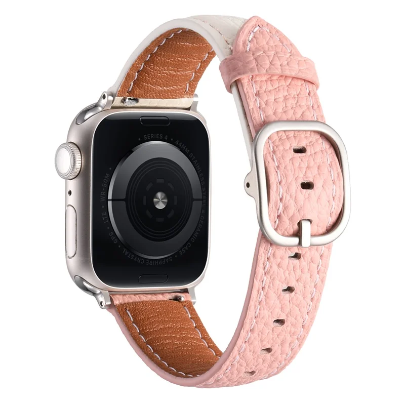 Watch Band for Apple Watch Series 10 Ultra 9 8 7 SE 6 5 4 3 2 1 46mm 49mm 45mm 44mm 42mm Litchi Texture Genuine Cow Leather Strap - White / Pink