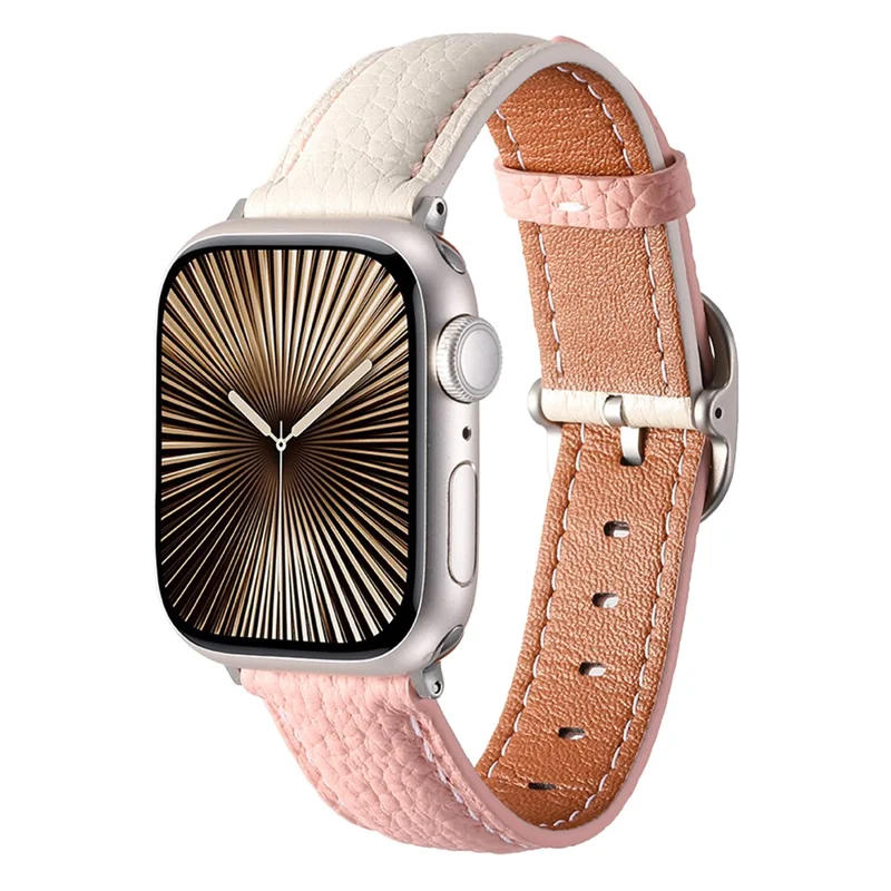 Watch Band for Apple Watch Series 10 Ultra 9 8 7 SE 6 5 4 3 2 1 46mm 49mm 45mm 44mm 42mm Litchi Texture Genuine Cow Leather Strap - White / Pink