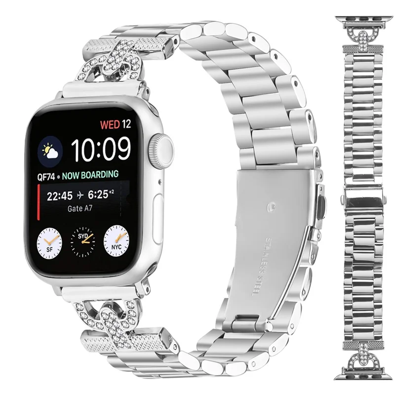 Watch Strap for Apple Watch Series 10 9 8 7 SE 6 5 4 3 2 1 42mm 41mm 40mm 38mm D-Shape Rhinestones Decor 3-Bead Silver Metal Band