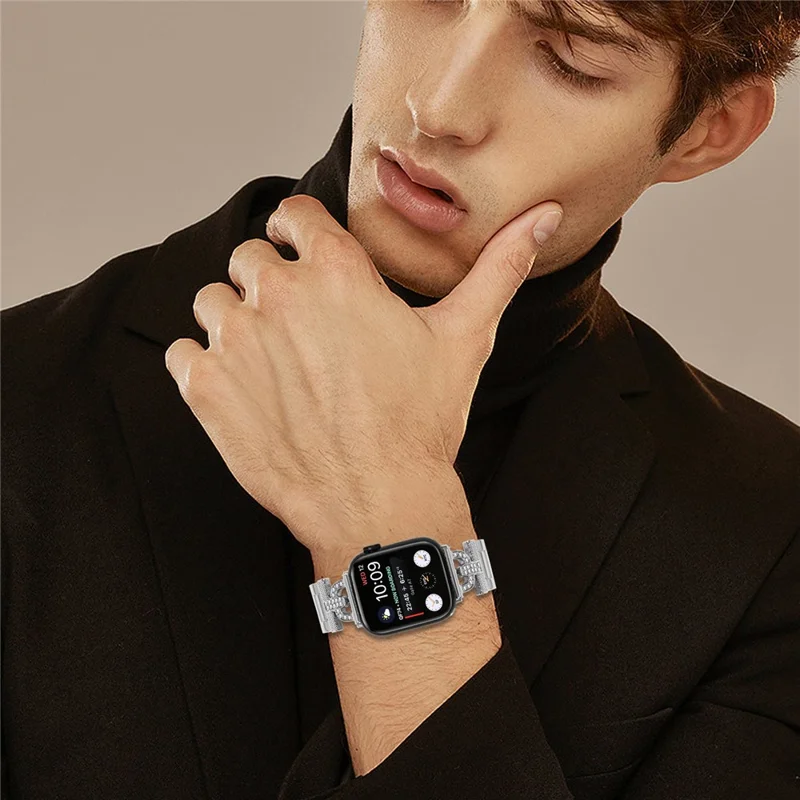 Watch Strap for Apple Watch Series 10 9 8 7 SE 6 5 4 3 2 1 42mm 41mm 40mm 38mm D-Shape Rhinestones Decor 3-Bead Silver Metal Band