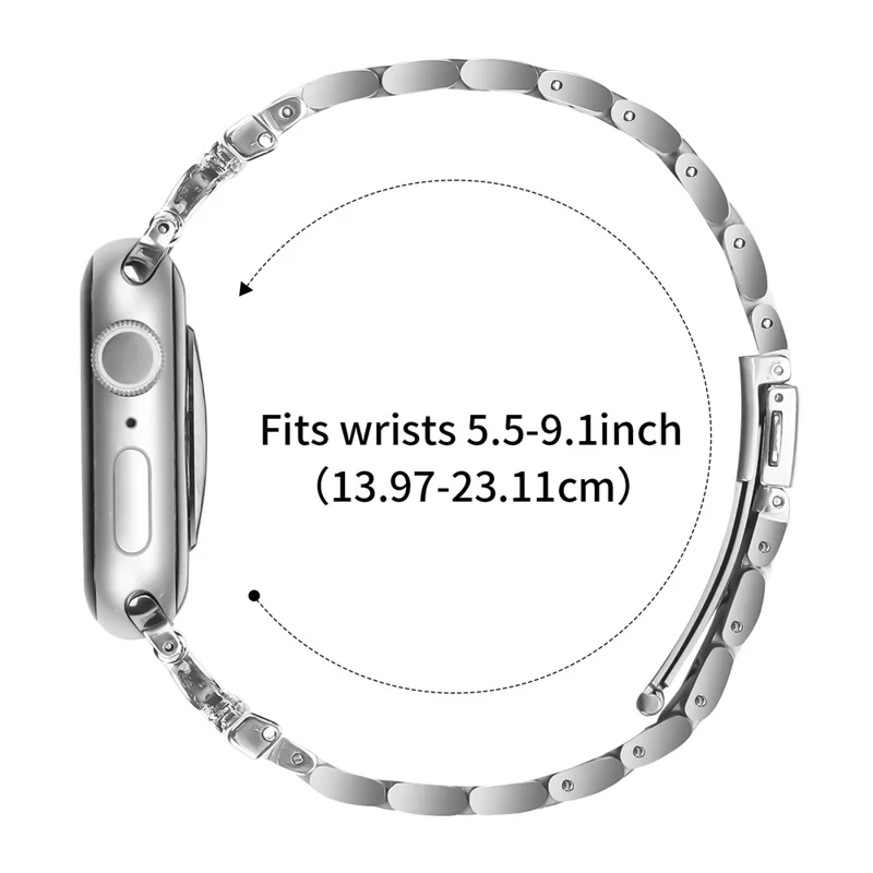 Watch Strap for Apple Watch Series 10 9 8 7 SE 6 5 4 3 2 1 42mm 41mm 40mm 38mm D-Shape Rhinestones Decor 3-Bead Silver Metal Band