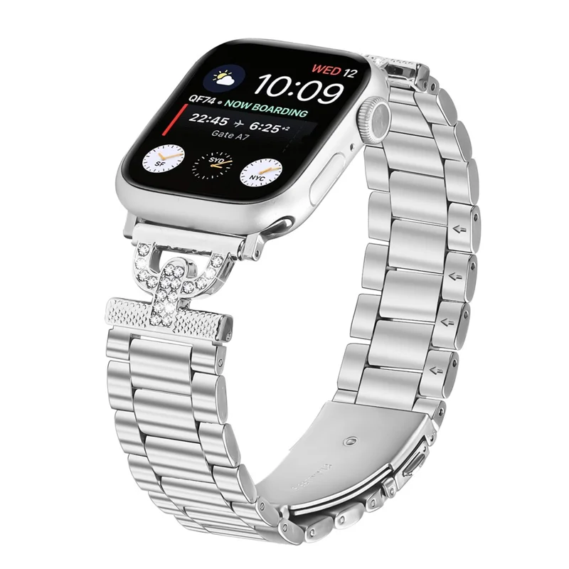 Cinturino per Apple Watch Serie 10 Ultra 9 8 7 SE 6 5 4 3 2 1 46mm 49mm 45mm 44mm 42mm Forma D Decorazione con Strass 3 Perle Cinturino in Metallo Argento