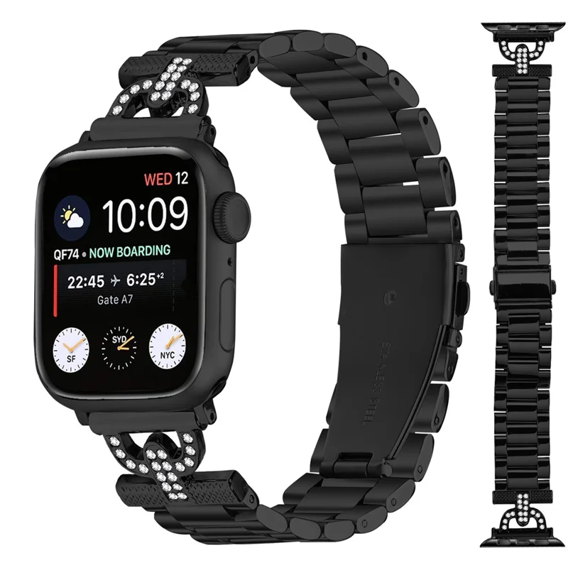 Colored Watch Strap for Apple Watch Series 10 9 8 7 SE 6 5 4 3 2 1 42mm 41mm 40mm 38mm Metal Band D-Shape Rhinestones Decor 3-Bead - Black