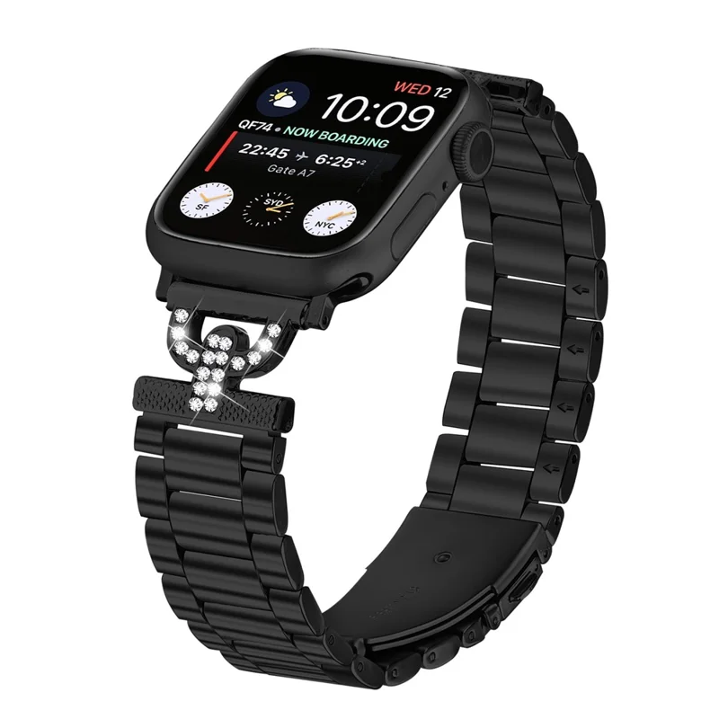 Colored Watch Strap for Apple Watch Series 10 9 8 7 SE 6 5 4 3 2 1 42mm 41mm 40mm 38mm Metal Band D-Shape Rhinestones Decor 3-Bead - Black