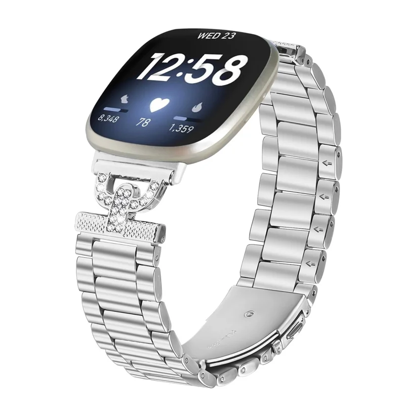 Watch Strap for Fitbit Versa 3 / Sense Silver Metal Band D-Shape Rhinestones Decor 3-Bead