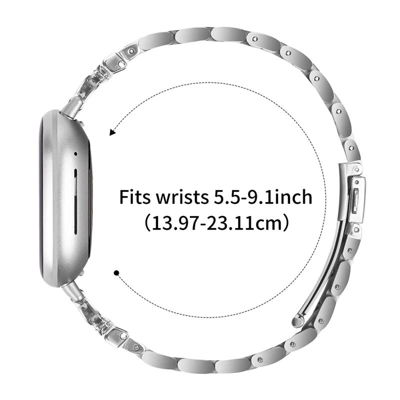 Watch Strap for Fitbit Versa 4 / Sense 2 Silver Metal Band D-Shape Rhinestones Decor 3-Bead