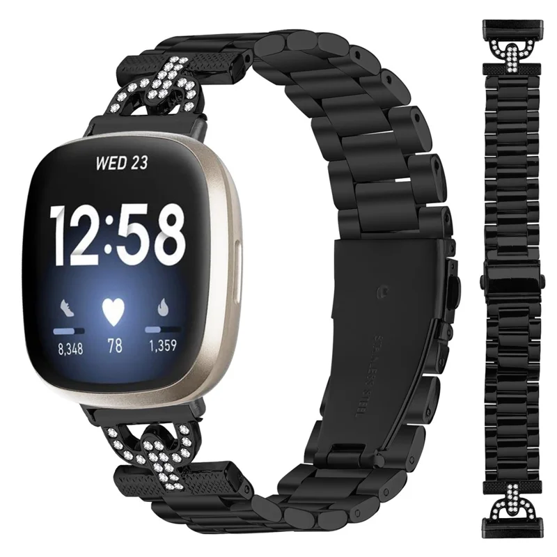 Colored Watch Strap for Fitbit Versa 4 / Sense 2 Metal Band D-Shape Rhinestones Decor 3-Bead - Black