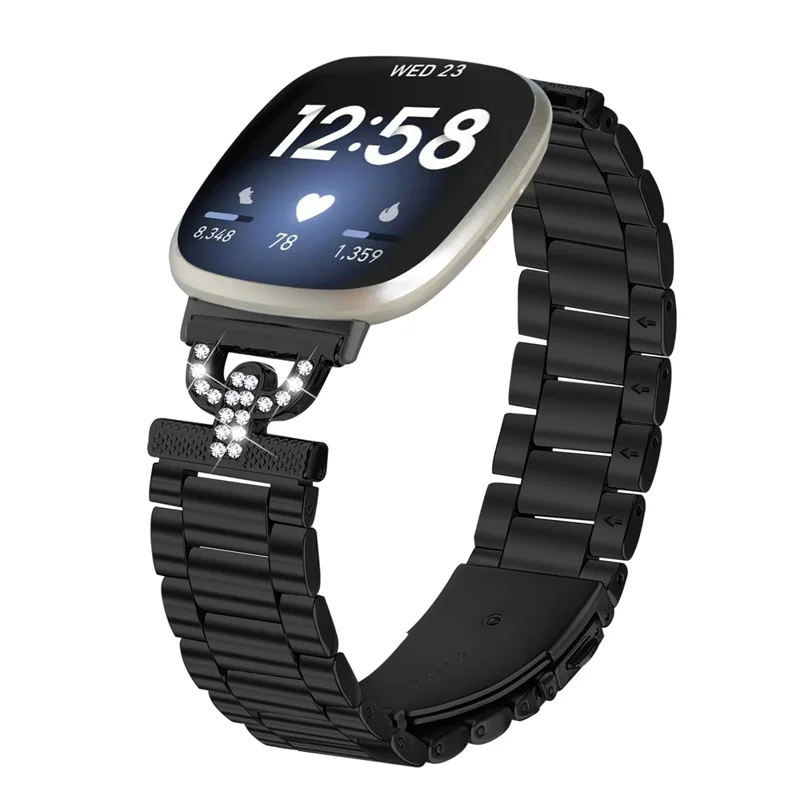 Colored Watch Strap for Fitbit Versa 4 / Sense 2 Metal Band D-Shape Rhinestones Decor 3-Bead - Black