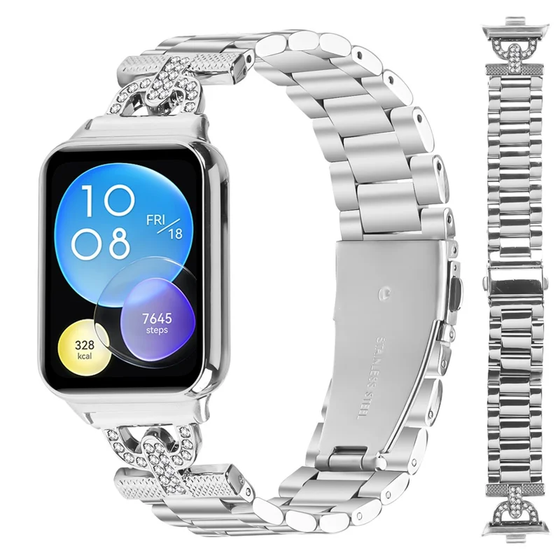 Watch Strap for Xiaomi Smart Band 8 Pro Silver Metal Band D-Shape Rhinestones Decor 3-Bead