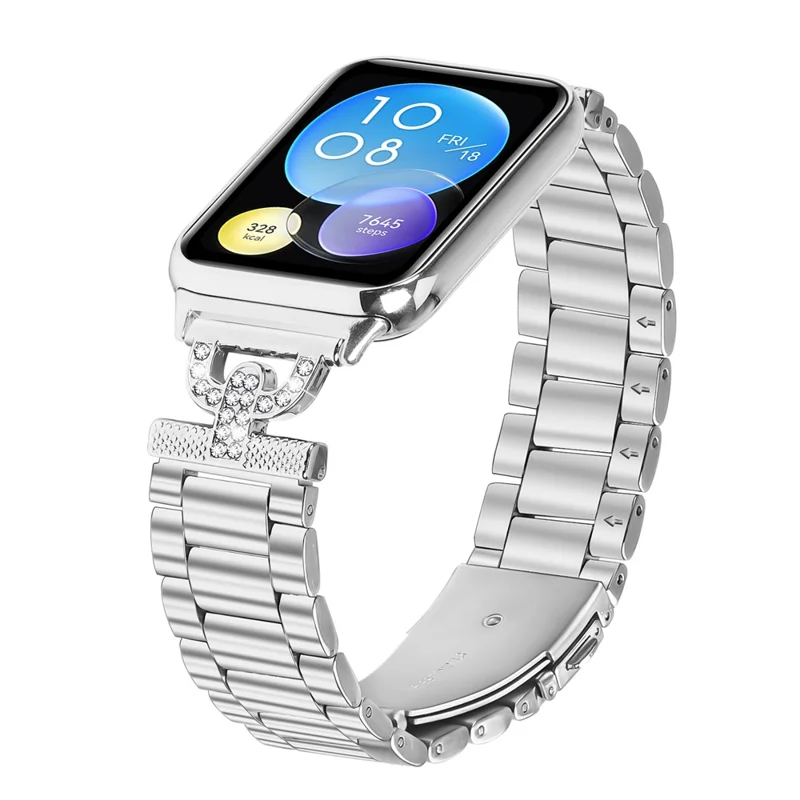 Watch Strap for Xiaomi Smart Band 8 Pro Silver Metal Band D-Shape Rhinestones Decor 3-Bead