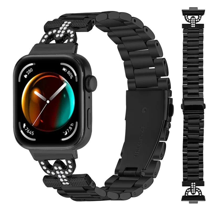 Colored Watch Strap for Huawei Watch Fit 3 D-Shape Rhinestones Decor 3-Bead Metal Band - Black