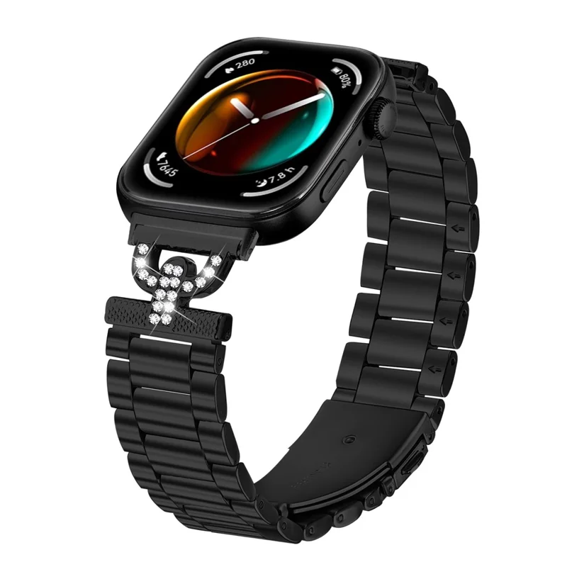 Colored Watch Strap for Huawei Watch Fit 3 D-Shape Rhinestones Decor 3-Bead Metal Band - Black