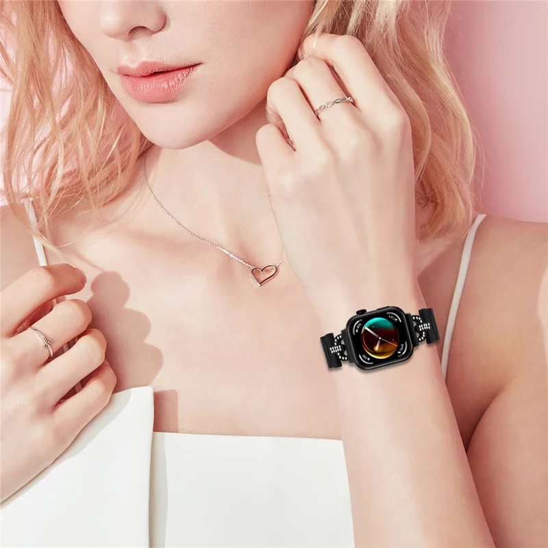 Colored Watch Strap for Huawei Watch Fit 3 D-Shape Rhinestones Decor 3-Bead Metal Band - Black