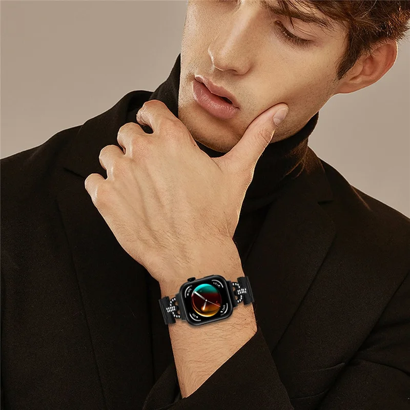 Colored Watch Strap for Huawei Watch Fit 3 D-Shape Rhinestones Decor 3-Bead Metal Band - Black