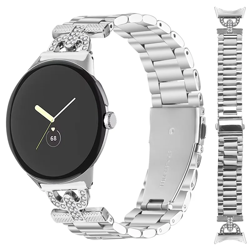 Watch Strap for Google Pixel Watch 2 / Watch Silver Metal Band D-Shape Rhinestones Decor 3-Bead