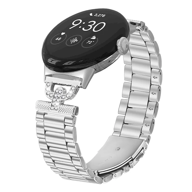 Watch Strap for Google Pixel Watch 2 / Watch Silver Metal Band D-Shape Rhinestones Decor 3-Bead