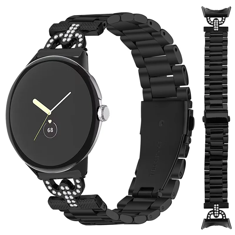 Farbiges Armband für Google Pixel Watch 2 / Uhr D-Form Rhinestones Dekor 3-Perlen Metallband - Schwarz