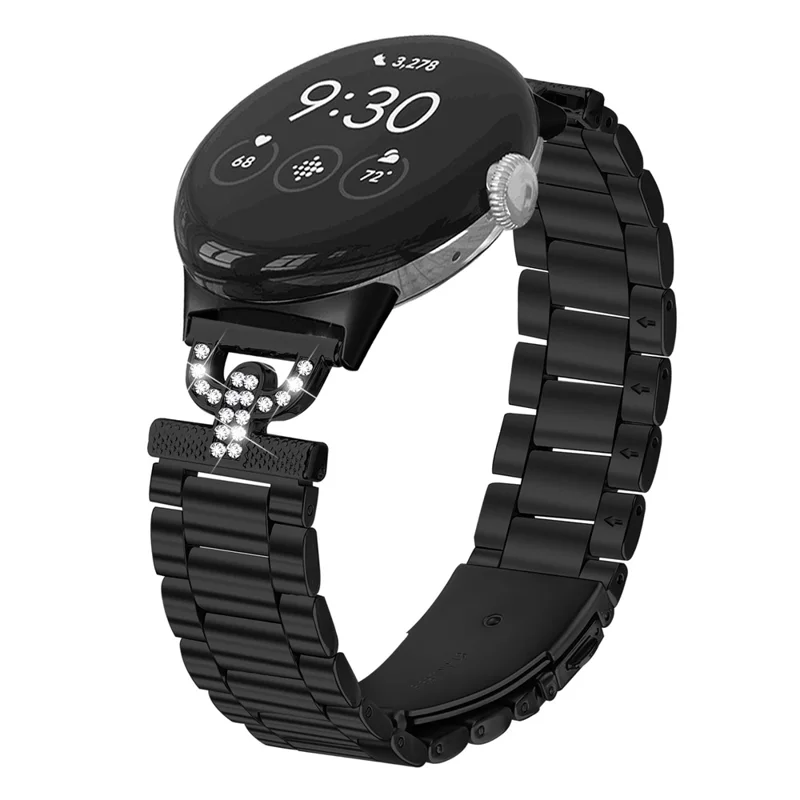 Farbiges Armband für Google Pixel Watch 2 / Uhr D-Form Rhinestones Dekor 3-Perlen Metallband - Schwarz