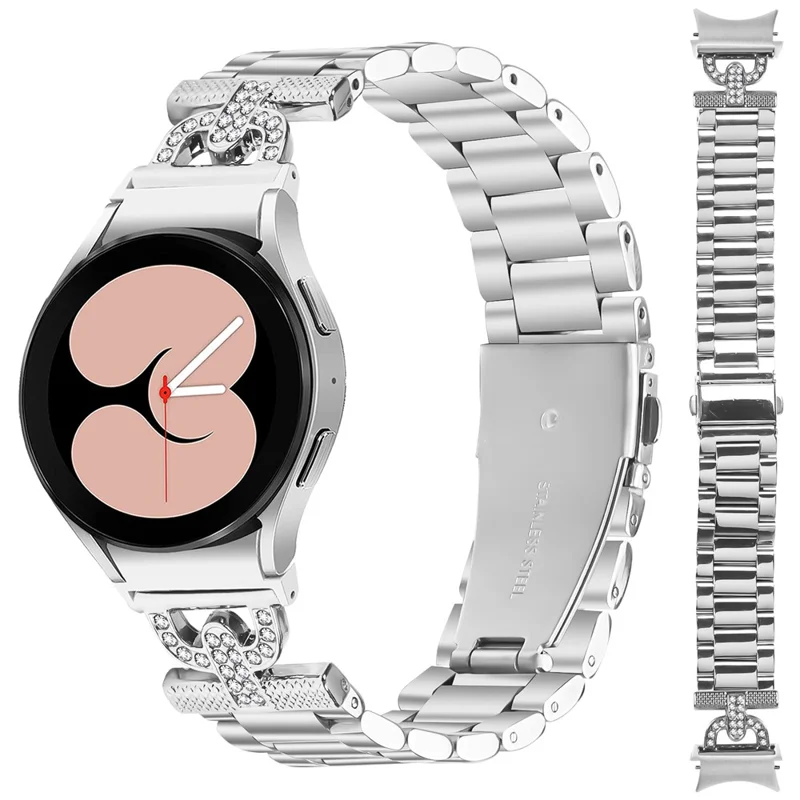 Watch Strap with Quick Release Connector for Samsung Galaxy Watch 5 Pro / 5 / 5 Active / 4 / 4 Active / 4 Classic Silver Metal Band D-Shape Rhinestones Decor
