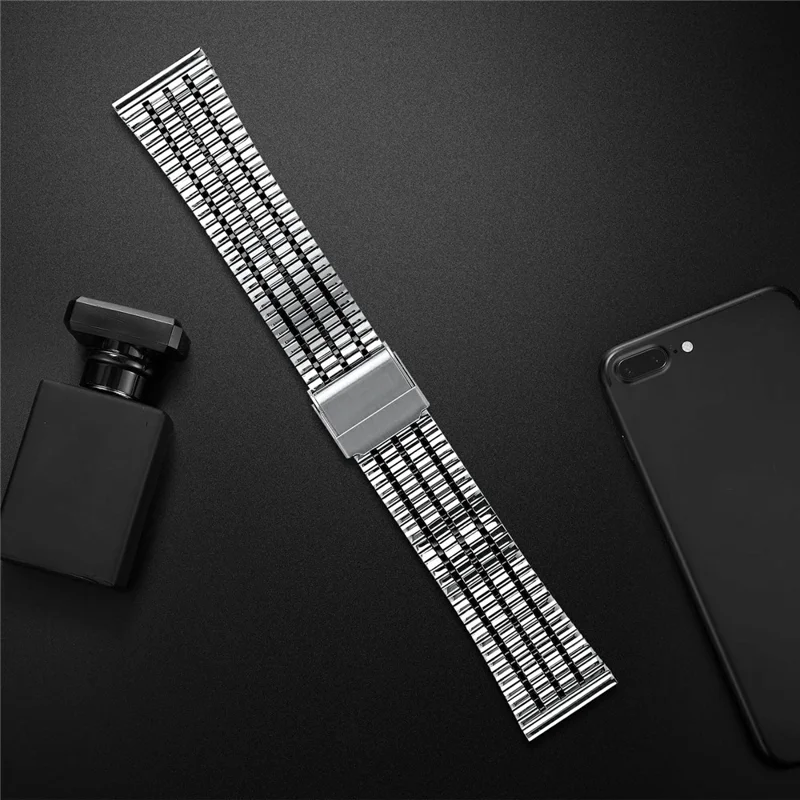 For Garmin Vivoactive 4 Watch Band 7-Beads Electroplated Stainless Steel Strap - Black  /  Silver