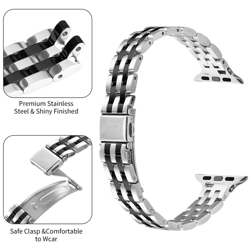 Cinturino per Apple Watch Serie 10 9 8 7 SE 6 5 4 3 2 1 42mm 41mm 40mm 38mm Sottile Cinturino a Cinque Maglie in Acciaio Inossidabile - Argento / Nero