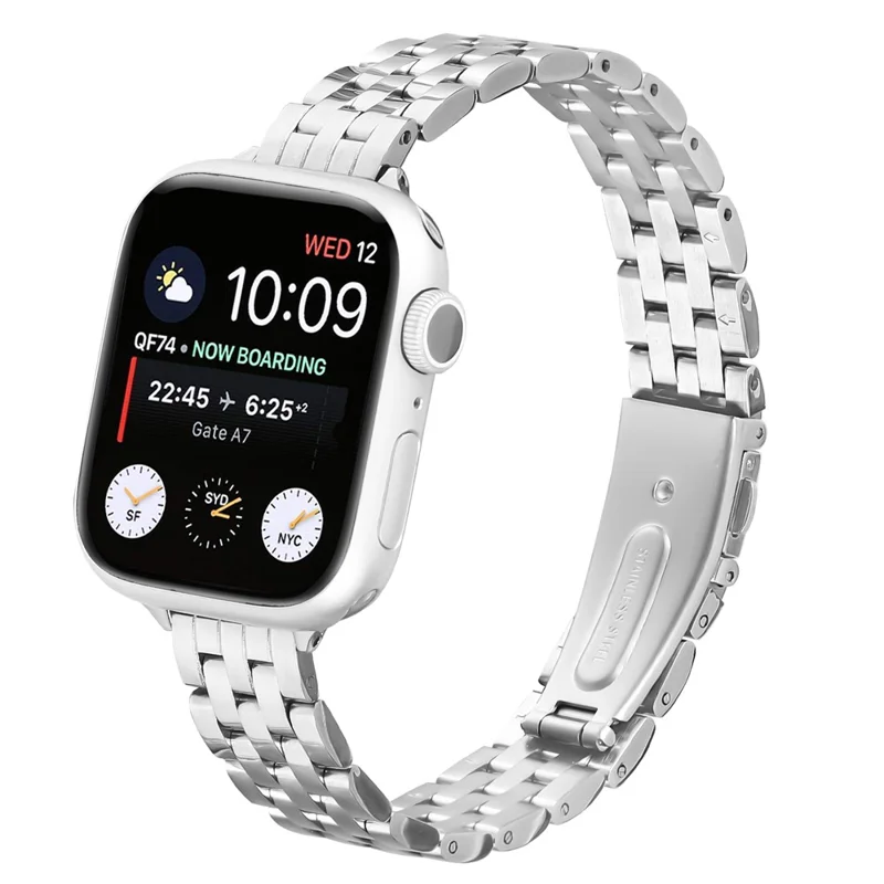Watch Band For Apple Watch Series 10 Ultra 9 8 7 SE 6 5 4 3 2 1 46mm 49mm 45mm 44mm 42mm Slim Five-Bead Stainless Steel Silver Strap