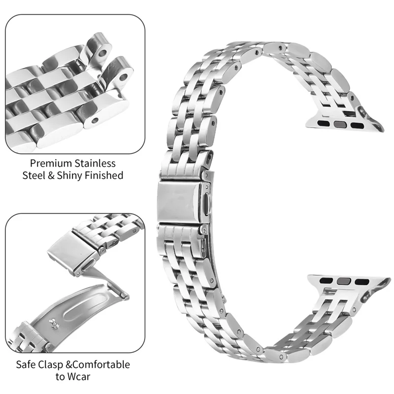Watch Band For Apple Watch Series 10 Ultra 9 8 7 SE 6 5 4 3 2 1 46mm 49mm 45mm 44mm 42mm Slim Five-Bead Stainless Steel Silver Strap