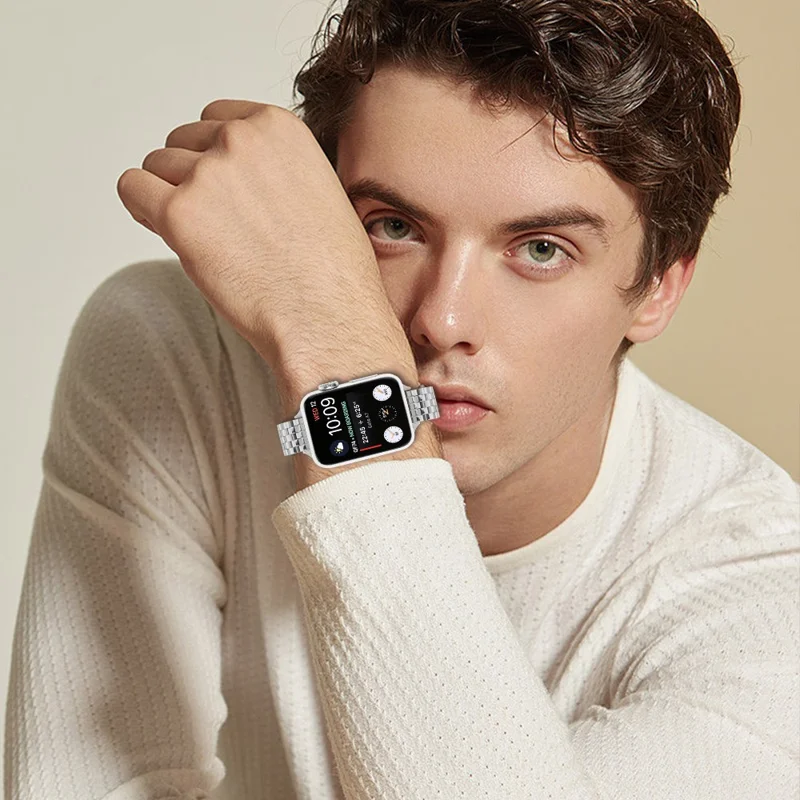 Watch Band For Apple Watch Series 10 Ultra 9 8 7 SE 6 5 4 3 2 1 46mm 49mm 45mm 44mm 42mm Slim Five-Bead Stainless Steel Silver Strap