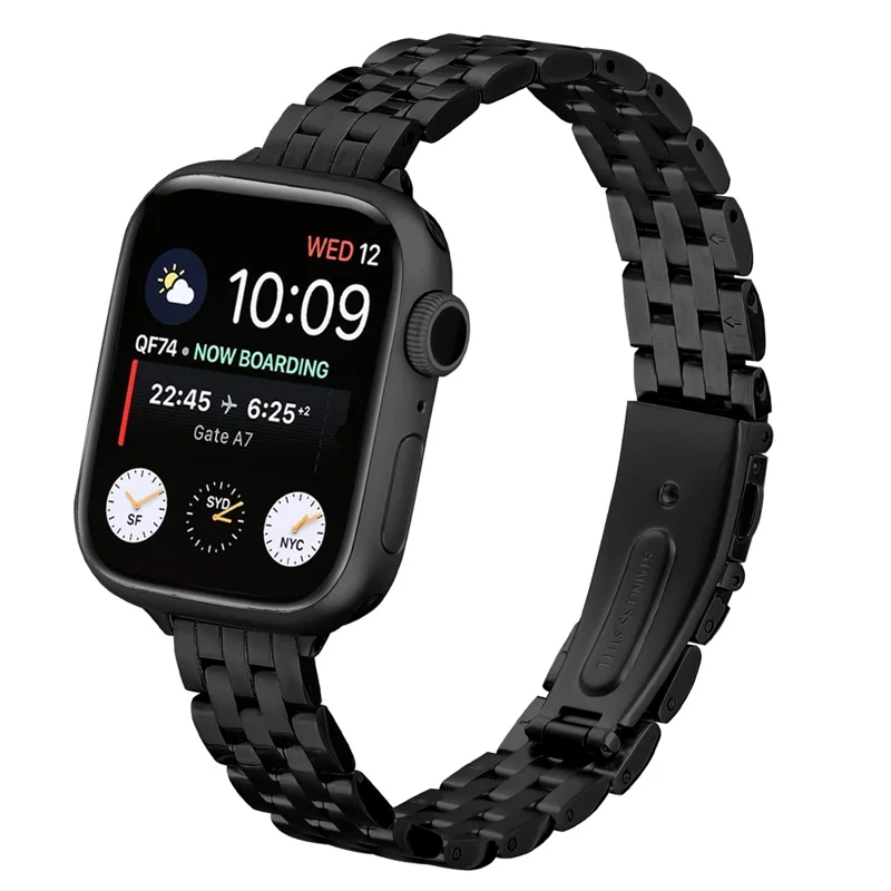 Watch Band For Apple Watch Series 10 Ultra 9 8 7 SE 6 5 4 3 2 1 46mm 49mm 45mm 44mm 42mm Slim Five-Bead Stainless Steel Black Strap