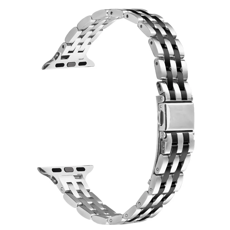Watch Band For Apple Watch Series 10 Ultra 9 8 7 SE 6 5 4 3 2 1 46mm 49mm 45mm 44mm 42mm Slim Five-Bead Stainless Steel Strap - Silver  /  Black