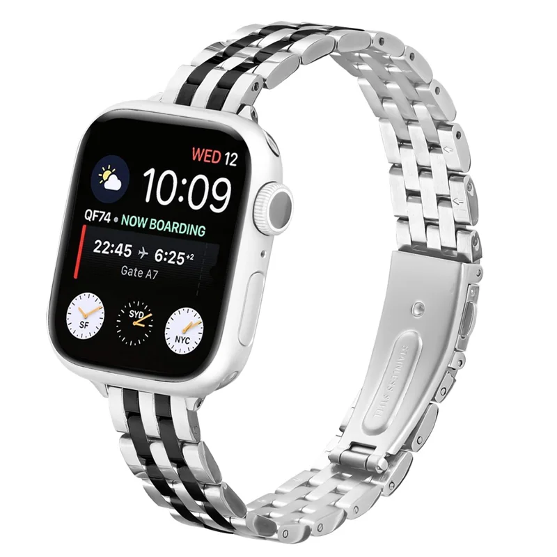 Watch Band For Apple Watch Series 10 Ultra 9 8 7 SE 6 5 4 3 2 1 46mm 49mm 45mm 44mm 42mm Slim Five-Bead Stainless Steel Strap - Silver  /  Black
