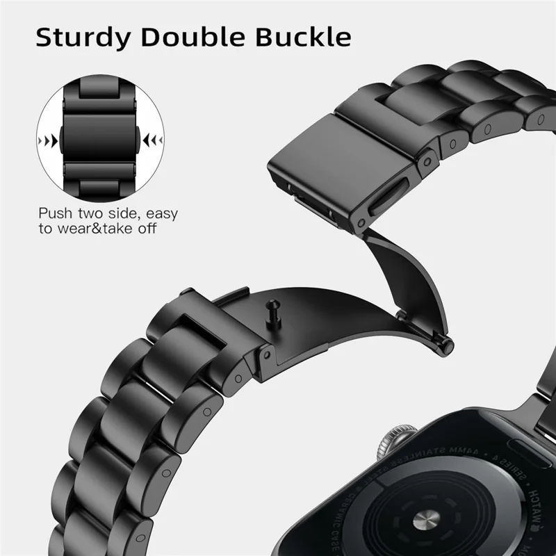 Black Strap for Apple Watch Series 10 9 8 7 SE 6 5 4 3 2 1 42mm 41mm 40mm 38mm Slim 3-Beads Metal Watch Band
