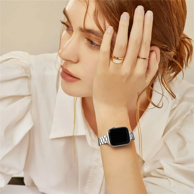 Metal Strap for Apple Watch Series 10 Ultra 9 8 7 SE 6 5 4 3 2 1 46mm 49mm 45mm 44mm 42mm Slim 3-Beads Silver Watch Band