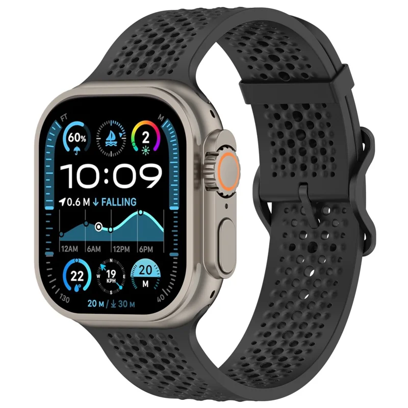 Watch Band for Apple Watch Series 10 Ultra 9 8 7 SE 6 5 4 3 2 1 46mm 49mm 45mm 44mm 42mm Holes Design Adjustable Silicone Strap - Black