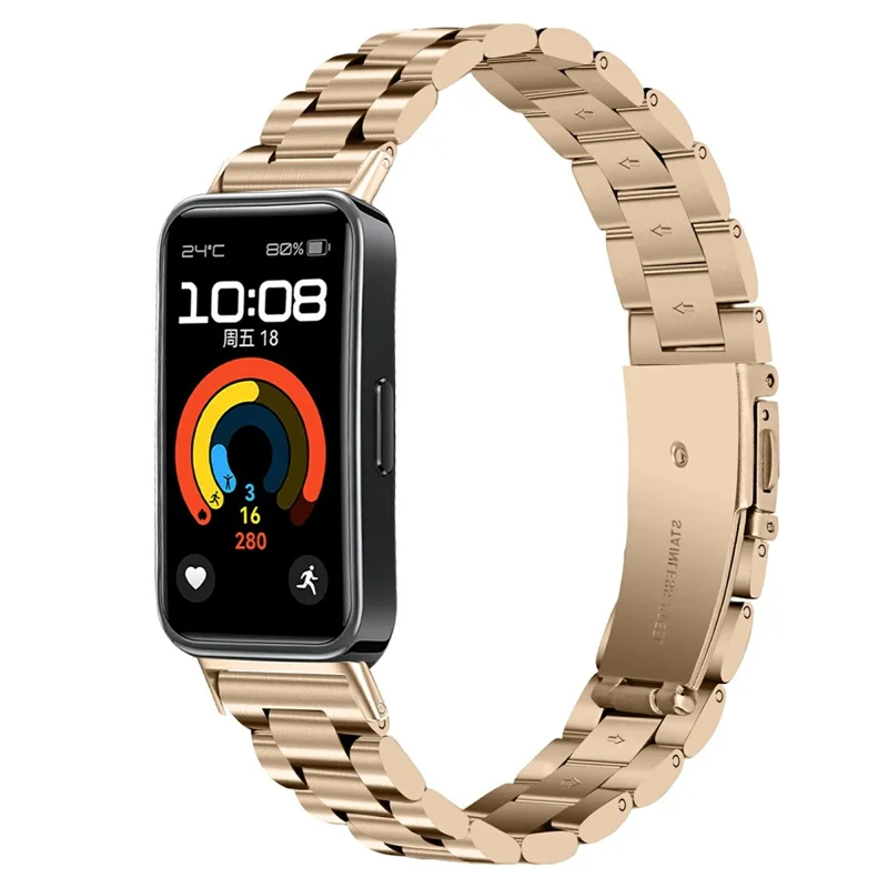Colored Watch Band for Huawei Band 10 / 9 / 8 Stainless Steel 3-Bead Metal Strap - Champagne Gold