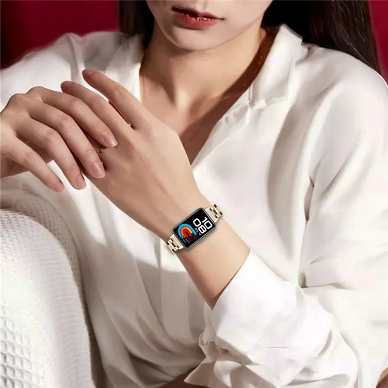 Colored Watch Band for Huawei Band 10 / 9 / 8 Stainless Steel 3-Bead Metal Strap - Champagne Gold