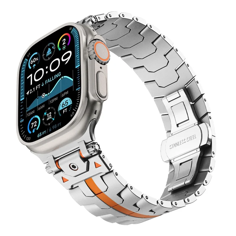 Butterfly Buckle Strap for Apple Watch Ultra 3 2 1 49mm / Series 11 10 46mm / 9 8 7 45mm / SE3 SE2 SE 6 5 4 44mm / 3 2 1 42mm Stainless Steel Watch Band - Silver / Orange