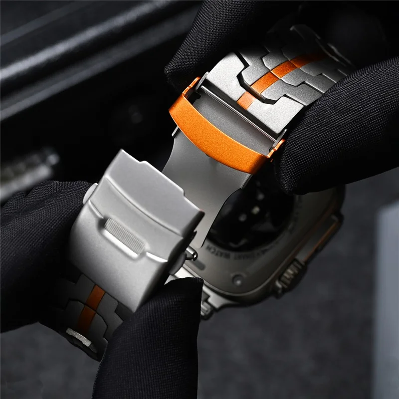 Butterfly Buckle Strap for Apple Watch Ultra 3 2 1 49mm / Series 11 10 46mm / 9 8 7 45mm / SE3 SE2 SE 6 5 4 44mm / 3 2 1 42mm Stainless Steel Watch Band - Silver / Orange