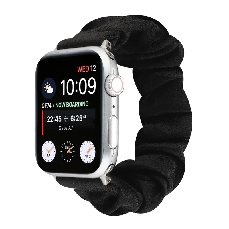 Elastisches Scrunchie-Haarband-Armband für Apple Watch Ultra 3 2 1 49 mm / Series 11 10 46 mm / 9 8 7 45 mm / SE3 SE2 SE 6 5 4 44 mm / 3 2 1 42 mm – Schwarz