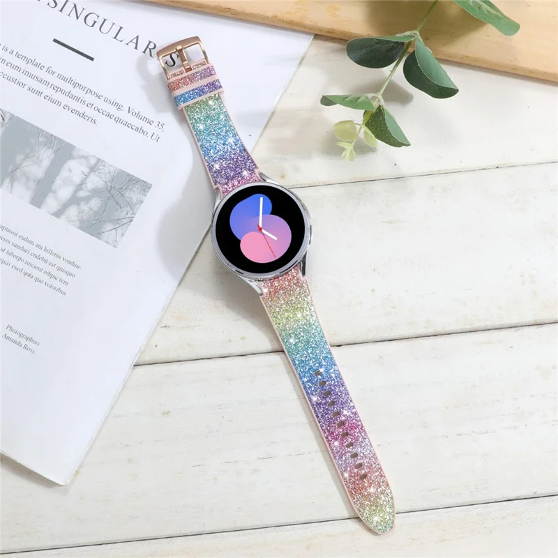 Glitzerband für Samsung Galaxy Watch7 / Watch6 / Watch6 Classic / Watch5 / Watch5 Pro / Watch4 / Watch4 Classic Leder beschichteter Silikonarmband - Regenbogen