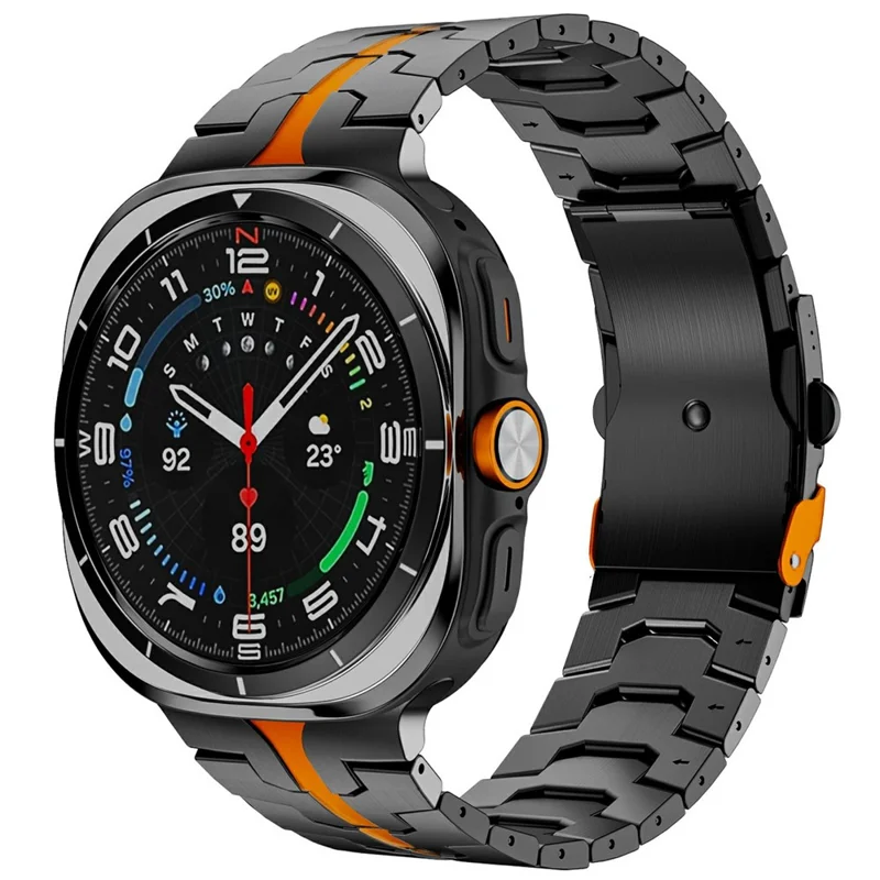 Stainless Steel Watch Band For Samsung Galaxy Watch8 44mm  /  40mm  /  Watch8 Classic 46mm Double Folding Buckle Wrist Strap - Black  /  Orange